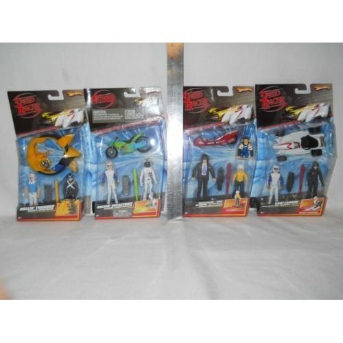 Hot Wheels Speed Racer Action Figure 2 Packs. The Four Included Speed Racer Two Packs are Rollin Thunder, Battle Board, Rockin Rocketbike, Kart Cannon. Includes Speed Racer (3), Pops, Spridle, Chim