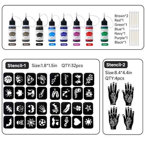 Funtigee Temporary Tattoo Kit 8 Bottles Color Inks, 32 Medium &4 Pcs hand Stencils Kit with 10 swabs for Body Paint DIY Fake Tattoo for Women Kids