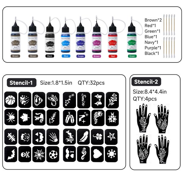 Funtigee Temporary Tattoo Kit 8 Bottles Color Inks, 32 Medium &4 Pcs hand Stencils Kit with 10 swabs for Body Paint DIY Fake Tattoo for Women Kids