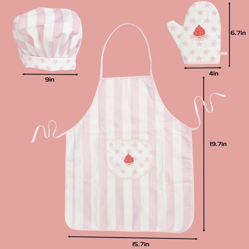 WoodenEdu Kid Apron and Chef Hat Set, 3 Pcs Children Cooking Baking Set Kits Role Play Chef Toy Kid Cooking Gift for Girls Boys (Pink)