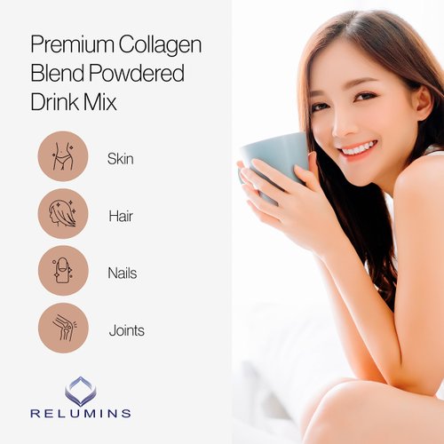 Relumins Marine Collagen Powder Drink Mix - Collagen Peptide with Glutathione, Green Tea, CoQ10, & Hyaluronic Acid Boosts Smooth Glowing Skin - 10 Powder Sachets x Vanilla Flavored