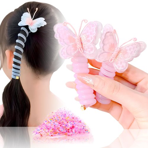 Butterfly Telephone Wire Hair Bands Colorful Telephone Wire Hair Bands Spiral Hair Ties Phone Cord Kids Hair Accessories For Girls, Perfect For Various Outfits (2pcs-Purple)