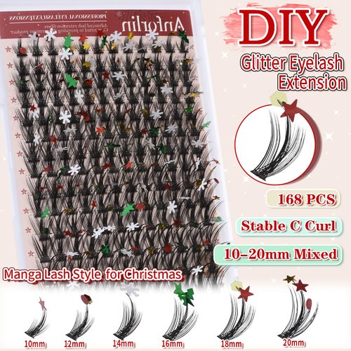 Glitter Lashes Glitter Lash Clusters 10-20mm Cluster Eyelash Extensions 168 Pcs Manga Lashes C Curl Individual Lashes for New Year Christmas Halloweens Cosplay Party False Eyelashes, by Anforlin