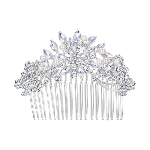 EVER FAITH Women's Austrian Crystal White Simulated Pearl Flower Leaf Hair Comb Clear Silver-Tone