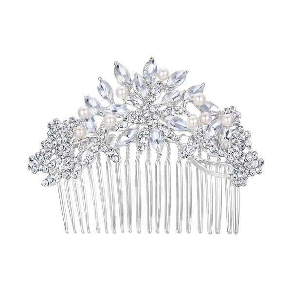EVER FAITH Women's Austrian Crystal White Simulated Pearl Flower Leaf Hair Comb Clear Silver-Tone