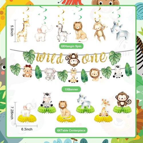 19pcs Wild one Birthday Party Supplies,Wild one Banner,Wild one animal Hanging CutoutsHanging Swirl,Wild one Birthday Honeycomb Centerpieces Jungle Animal Birthday Decorations set