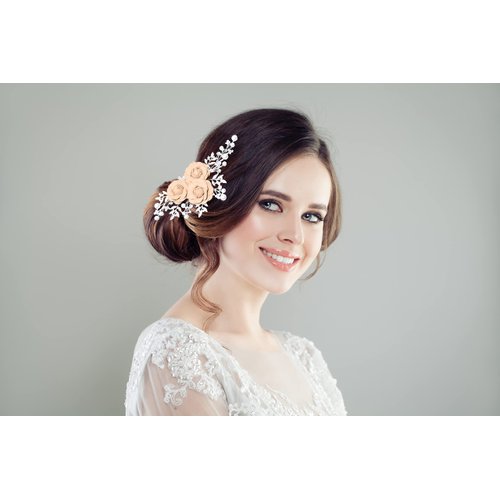 Suete Bridal Pearl Hair Comb with Flower Rhinestone Hair Clips Accessories for Wedding Bride Shower Festival Evening Party Headpiece (Champagne)