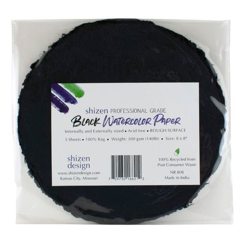 Shizen Design, Watercolor Paper, Black, Cold Press, 8 Inch Circle, Pack of 5 Sheets, NR 808