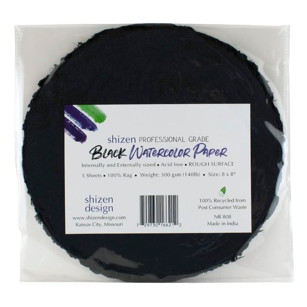 Shizen Design, Watercolor Paper, Black, Cold Press, 8 Inch Circle, Pack of 5 Sheets, NR 808