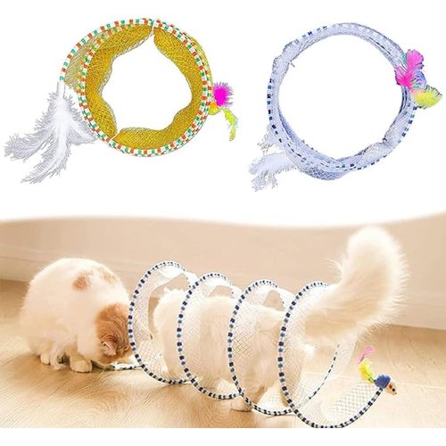 Folded Cat Tunnel Toy for Indoor Cats, 2 PCS Collapsible Pet Spring Cat Toys with Feather Mouse Upgrade Interactive Toy Playing Tent for Puppy Kitten Accessories Home