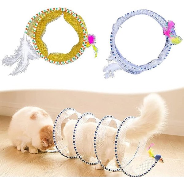 Folded Cat Tunnel Toy for Indoor Cats, 2 PCS Collapsible Pet Spring Cat Toys with Feather Mouse Upgrade Interactive Toy Playing Tent for Puppy Kitten Accessories Home