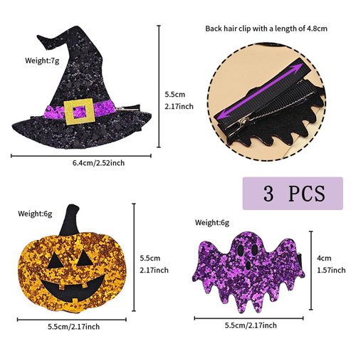 3Pcs Halloween Glitter Hair Clips,Pumpkin Hair Barrettes Bat Wing Witch Hat Hair Clip Glitter Pumpkin Hair Bows Black and Orange Purple Halloween Hair Clips Party Costume Hair Accessories for Girls