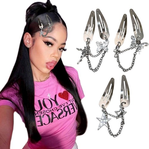 JeVenis 6 Pieces Hair Clips, Y2K Kawaii Emo Disco Fashion Metal Hair Clips with Cute Star and Cross Butterflies, Non Slip Fancy Hair Clips for Girls, Women Hair Accessories