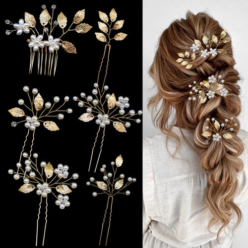 Mulzile 6 Pieces Bridal Wedding Hair Pins Gold Leaf Hair Pins Clips Crystal Pearl Flower Headpiece Vintage Wedding Hair Accessories for Brides Bridesmaids Women Girls