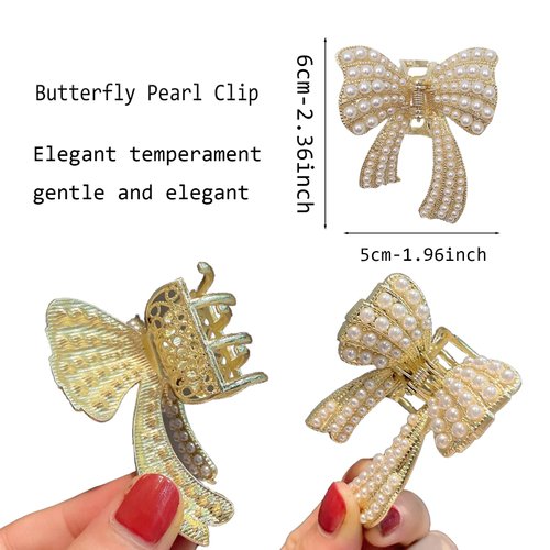 LZEDIRA Pearl Bow Claw Clip, 2 Pack Gold Metal Hair Clips with Stylish Bow Detail and Butterfly Design, Hair Clips for Styling Thin Hair, Daily Party Gift for Women