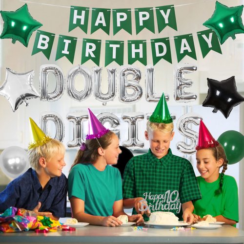 Cheereveal 10th Birthday Decorations Green for Boys Girls Double Digits Birthday Party Supplies Happy Birthday Banner Cake Topper for 10 Year Old Birthday Decor
