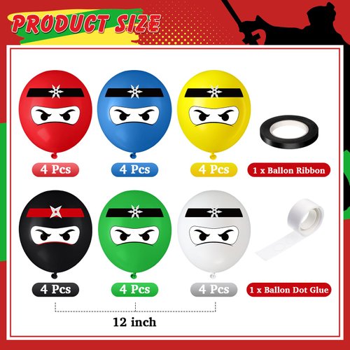 Charnoel 24 Pcs 6 Color 12" Ninja Balloons Ninja Birthday Party Supplies Balloons Ninja Party Balloons Color Balloons for Kids Ninja Party Decorations