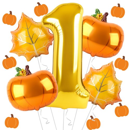 Dripykiaa 5Pcs Pumpkin First Balloon 40" Gold One Year Old Balloon Set for First Birthday Fall Birthday Decorations Maple Leaves Pumpkin Foil Helium Balloons Party Supplies Backdrops for Girls Boys