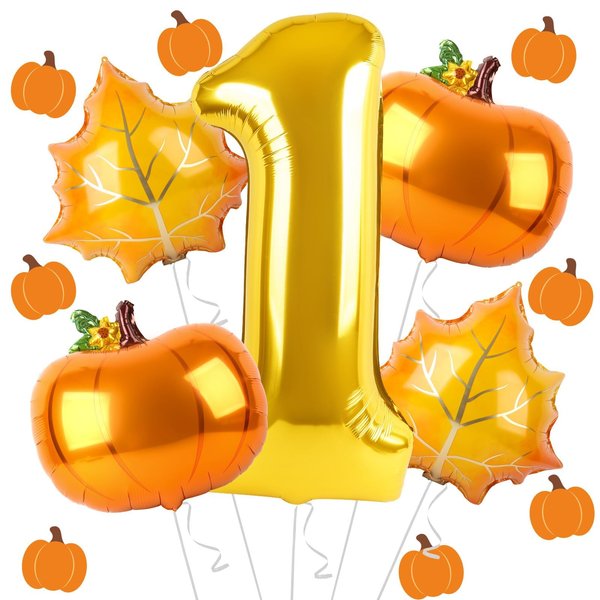 Dripykiaa 5Pcs Pumpkin First Balloon 40" Gold One Year Old Balloon Set for First Birthday Fall Birthday Decorations Maple Leaves Pumpkin Foil Helium Balloons Party Supplies Backdrops for Girls Boys