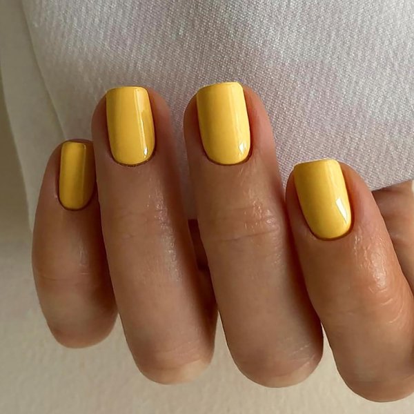 Short Fake Nails Square Press On Nails With Yellow Designs Artificial Glossy Stick On Nails Full Cover False Nails Acrylic Nails Press Ons Reuseable Glue On Nails For Women 24Pcs