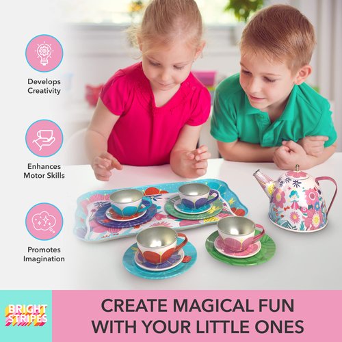 Bright Stripes Kids Tea Set - Pretend Play Tin Tea Set for Girls & Boys | Includes Tea Pot, Cups, Saucers, Plates, Tray, Invitations & Place-Cards for Imaginative Play (Flower Fairy)