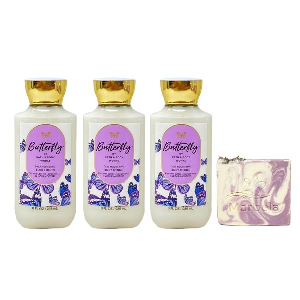 Bath & Body Works Butterfly 3 Pack Daily Nourishing Body Lotion Bundle with a Lavender Dream Bar Soap - Full Size