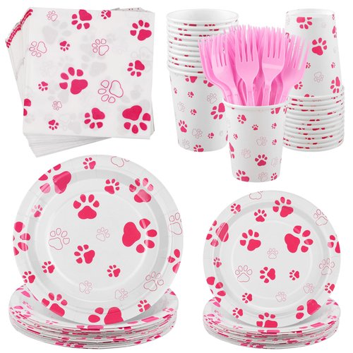 Kochorie 144 Pieces Pink Paw Print Party Tableware Sets Including Disposable Plates Napkins Cups Forks Serves 24 for Dog Puppy Theme Party Supplies