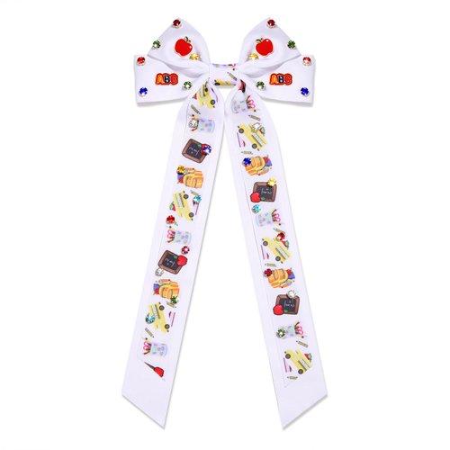 Boderier Teacher Gifts Hair Bows for Women ABC Pencil Teach Hair Bow Clips Long Jeweled Satin Ribbon Bow Barrette Hair Clip Back To School Teacher Must Haves Accessories