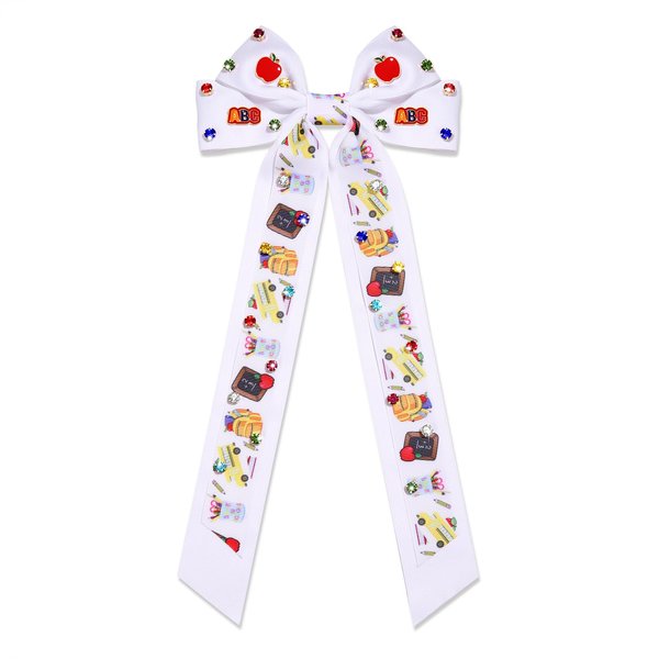 Boderier Teacher Gifts Hair Bows for Women ABC Pencil Teach Hair Bow Clips Long Jeweled Satin Ribbon Bow Barrette Hair Clip Back To School Teacher Must Haves Accessories