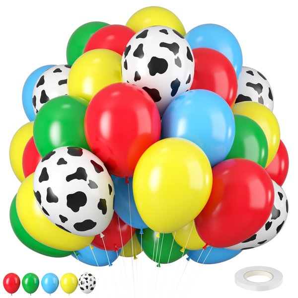 Toy Inspired Stroy Balloons, 12inch Cartoon Balloons Blue Red Yellow Green Cow Print Balloons Arch Garland Kit for Kids Boys Girls Birthday Supplies Party Decorations Themed Party Decor