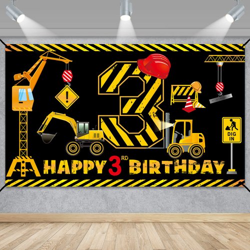 Construction 3rd Birthday Banner Decorations for Boys Kids, Dump Truck Construction Theme Three Birthday Party Supplies, Excavator Crane Digger Three Year Old Banner Sign