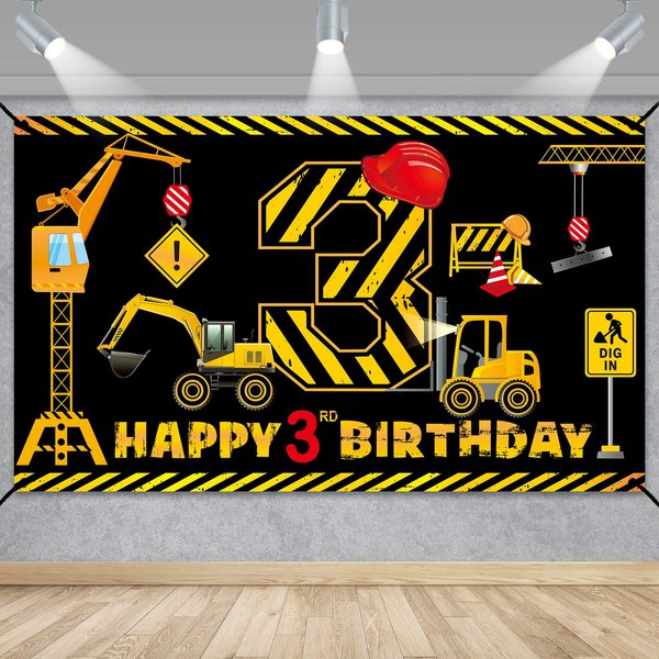 Construction 3rd Birthday Banner Decorations for Boys Kids, Dump Truck Construction Theme Three Birthday Party Supplies, Excavator Crane Digger Three Year Old Banner Sign