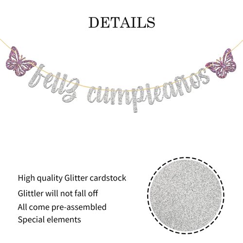 WeBenison Feliz Cumpleaños Banner/Fiesta Theme Happy Birthday Party Supplies/Spanish Birthday Party Decorations Butterfly Sign Silver Glitter