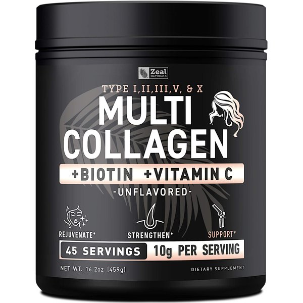 Premium Multi Collagen Peptides Protein Powder (1, 2, 3, 5 & 10) with Vitamin C, Biotin, Hyaluronic Acid, for Hair Skin and Nails - Marine, Bovine, Chicken & Eggshell (Unflavored, 45 Servings)