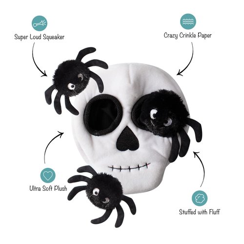 Fringe Studio Hide & Seek Burrow Plush Dog Toy, Skull with Spiders, 3 Piece Set, Pet Shop Collection (289206), Multicolored