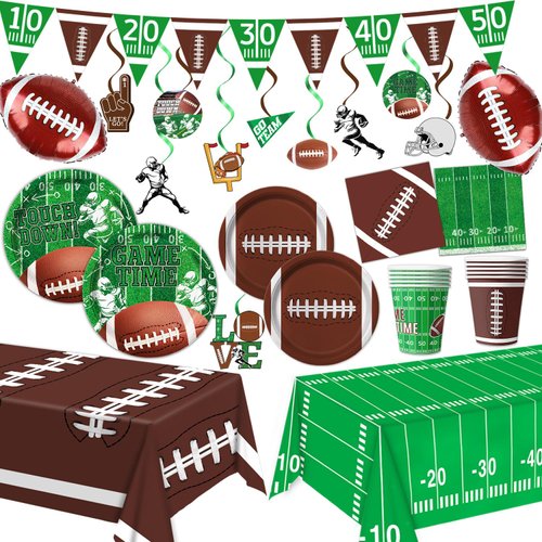 Football Party Supplies Kit - Includes Plates, Napkins, Cups, Banner, Hanging Swirl, Football Bal...