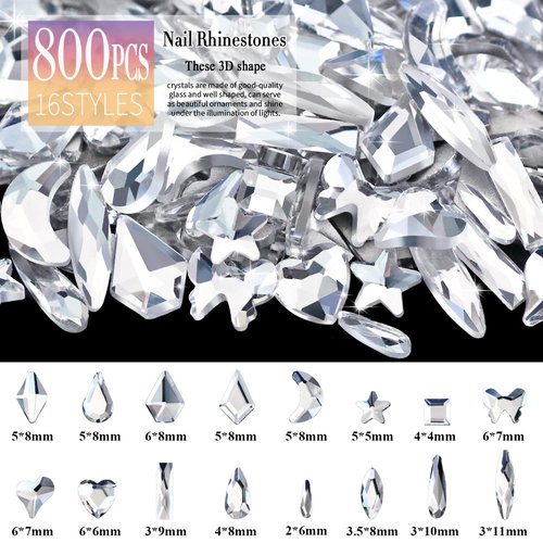 Dowarm Crystal Clear 6000pcs Nail Rhinestones, 16 Types of 800PCS Special-Shaped Diamonds+5200PCS Flatback Rhinestones, 3D Crystal Glass Rhinestones for Nail Crafts Decoration, White Gem Stones Charm