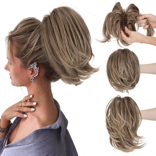 CJL HAIR Claw Clip Short Ponytail Hair Extensions Bendable Metals Messy Bun Hair piece Wavy Curly Fake Hairpieces (Ash Blonde with Dark Root, Straight)