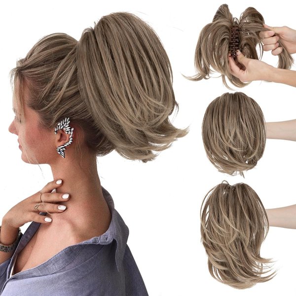 CJL HAIR Claw Clip Short Ponytail Hair Extensions Bendable Metals Messy Bun Hair piece Wavy Curly Fake Hairpieces (Ash Blonde with Dark Root, Straight)