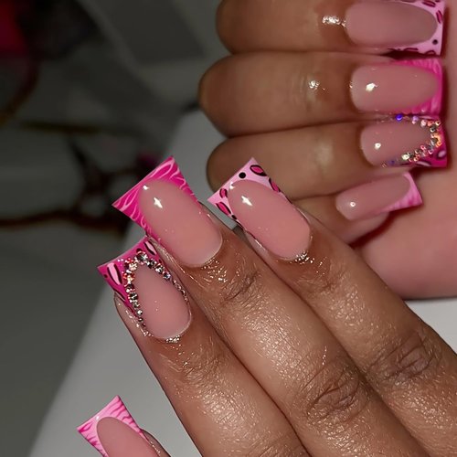 Tyuimhx 24Pcs Duck Nails Press on Pink Wide French Tip Fake Nails With Rhinestones Designs Full Cover Duck Feet Nail Tip Acrylic Duck False Nails Stick on Nails for Women Girls