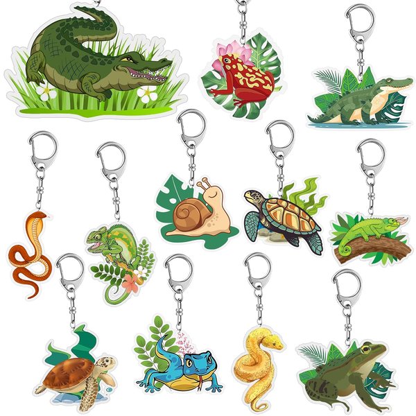 Lcnjscgo Reptile Party Favors 12 PCS Acrylic Reptile Themed Key Chains Alligator Lizard Gecko Snake Turtle Snail Frog Chameleon Reptile Party Supplies Decorations Jungle Gift Classroom Prize for Kids