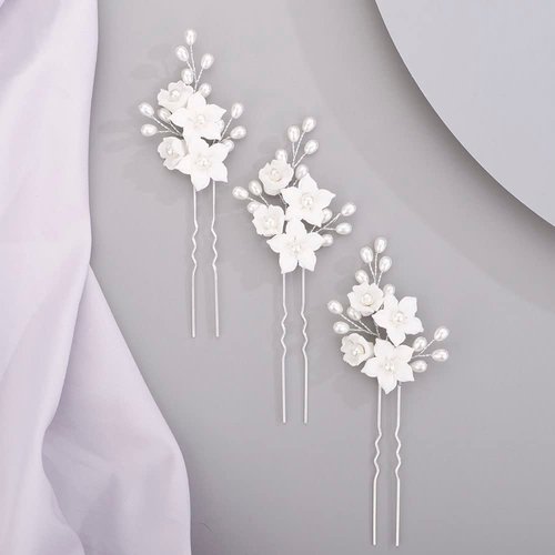 Chargances 3pcs White Flower Pearl Hair Pins Bridal Silver Pearl Beaded Hair Pins Handmade Weddin...