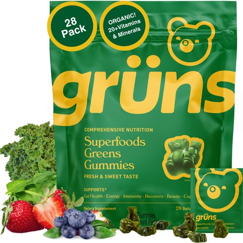 Gruns Adults Super Greens Gummies, Multivitamin Superfood Gummy Bears with Spirulina, Chlorella, Prebiotics & Fiber for Digestive Health, Adaptogens Supplement with 20 Vitamins & Minerals, 28 Count