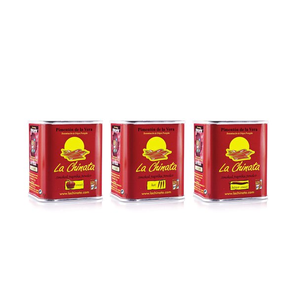 La Chinata. Smoked Paprika Powder. The three paprikas. Pack of 3 tins (1 Sweet, 1 Hot, 1 Bittersweet). 70g (2.47oz) each.