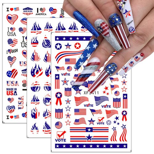 8Pcs 4th of July Nail Stickers Independence Day Nail Art Stickers USA Patriotic Theme Nail Design Supplies 3D American Flag Heart Eagle Butterfly Nail Decals for Memorial Day DIY Manicure Decoration
