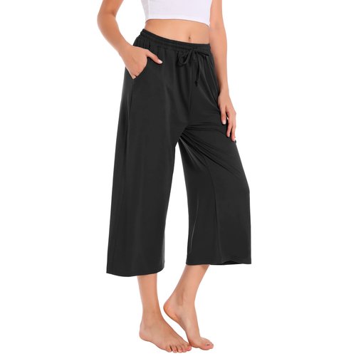 Annenmy Wide Leg Pants for Women Summer Capri Pants,Cropped Running Exercise Pants Quick Dry Loose Fit with Side Pockets Plus Size Gym Shorts Women Workout Black XXL
