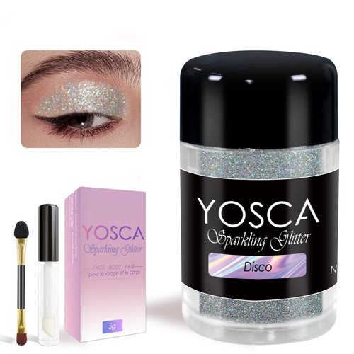 Yosca 5g Body Glitter, Cosmetic Holographic Sliver Sparkle Makeup Metalic Face Glitter, Loose Body Shimmer Powder for Glitter Eyeshadow Lip Face Paint Concert Christmas Festival Rave Accessorises