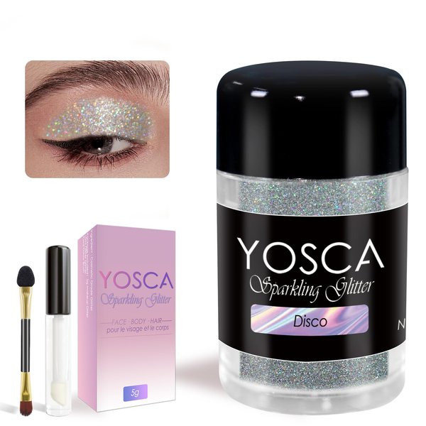 Yosca 5g Body Glitter, Cosmetic Holographic Sliver Sparkle Makeup Metalic Face Glitter, Loose Body Shimmer Powder for Glitter Eyeshadow Lip Face Paint Concert Christmas Festival Rave Accessorises