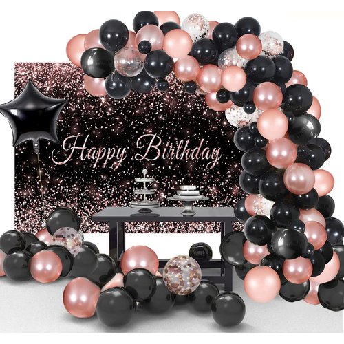 Toylin Rose Gold Black Birthday Decorations, 100 pcs Black Rose Gold Birthday Balloons Photography Backdrop Banner for Boys Girls Men Women Birthday Party Decorations Supplies