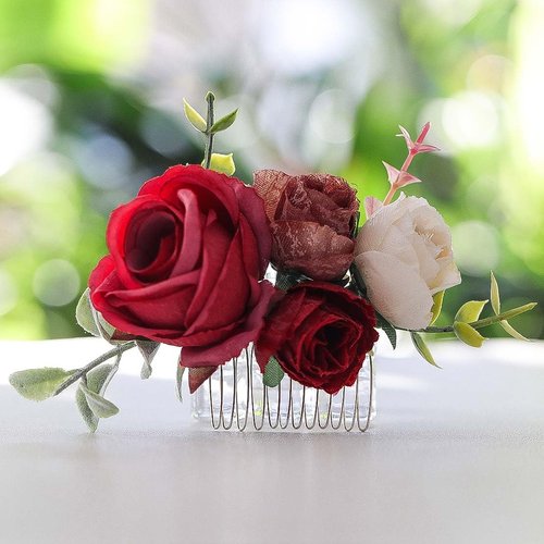 Fangsen Elegant Wedding Hair Accessories Vintage Silk Flower Hair Comb with Red Rose Bud Perfect Bridal Hair Accessories for Special Occasions (Red-02)